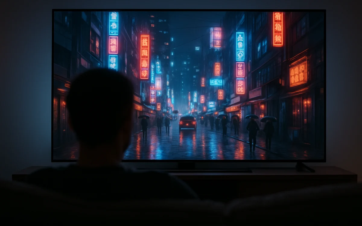 Trailer 1 de GTA 6: o momento da revelação Sala de home theater escura com telão azul aceso e controle de videogame sobre o sofá