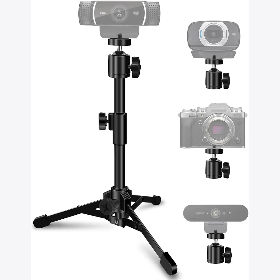 Tripé de mesa extensível para webcam com cabeça giratória e ajuste de altura e ângulo