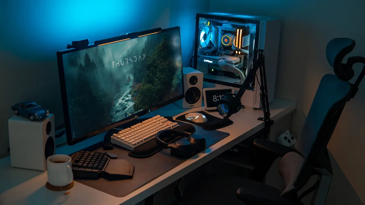 Comparativo entre TV 4K na sala e monitor gamer na mesa de setup com foco em distância de uso