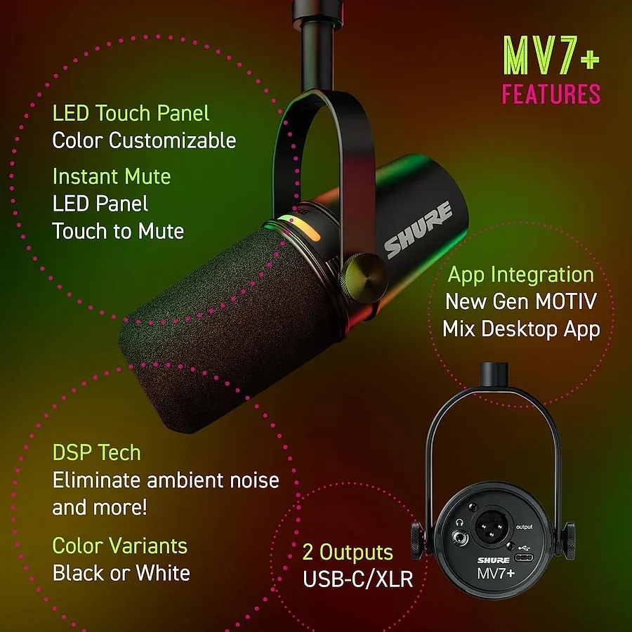 Shure MV7+ microfone dinâmico com saída USB e XLR para podcast profissional e streaming