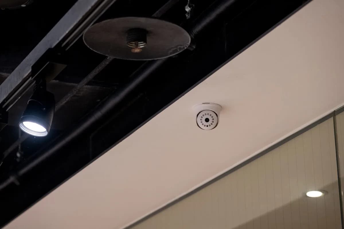 Como Instalar Projetor no Teto: Guia Passo a Passo 2026 Pequeno dispositivo branco fixado numa viga de teto industrial, ao lado de um spot de luz aceso