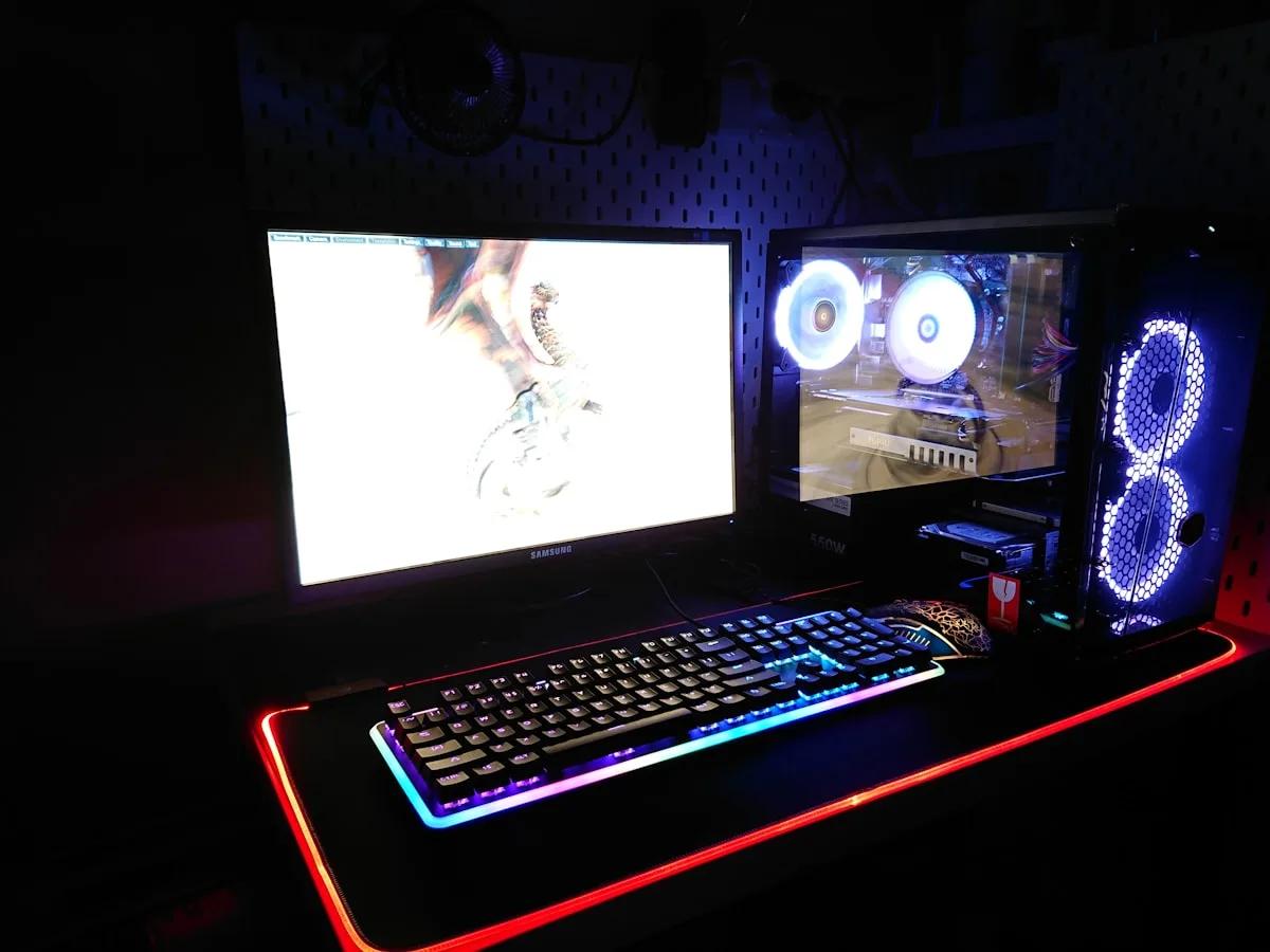 Como sincronizar luz RGB com jogos Setup gamer com teclado RGB multicolorido, mousepad com borda vermelha e gabinete com coolers azuis