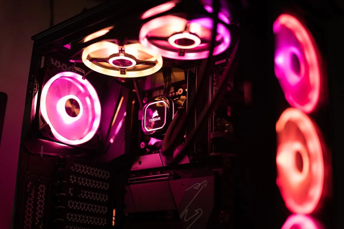 Corsair H150i Elite review 2026 Bloco de bomba de water cooler com logotipo Corsair iluminado em roxo, ao lado de ventoinhas RGB dentro de gabinete com vidro lateral