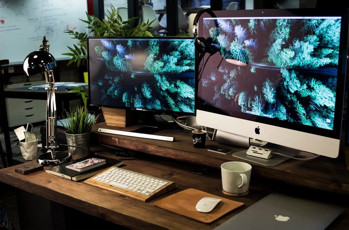 ELG F160N Review — Vale a Pena o Suporte Duplo com Pistão? Dois monitores lado a lado sobre suporte articulado duplo em home office com luminária