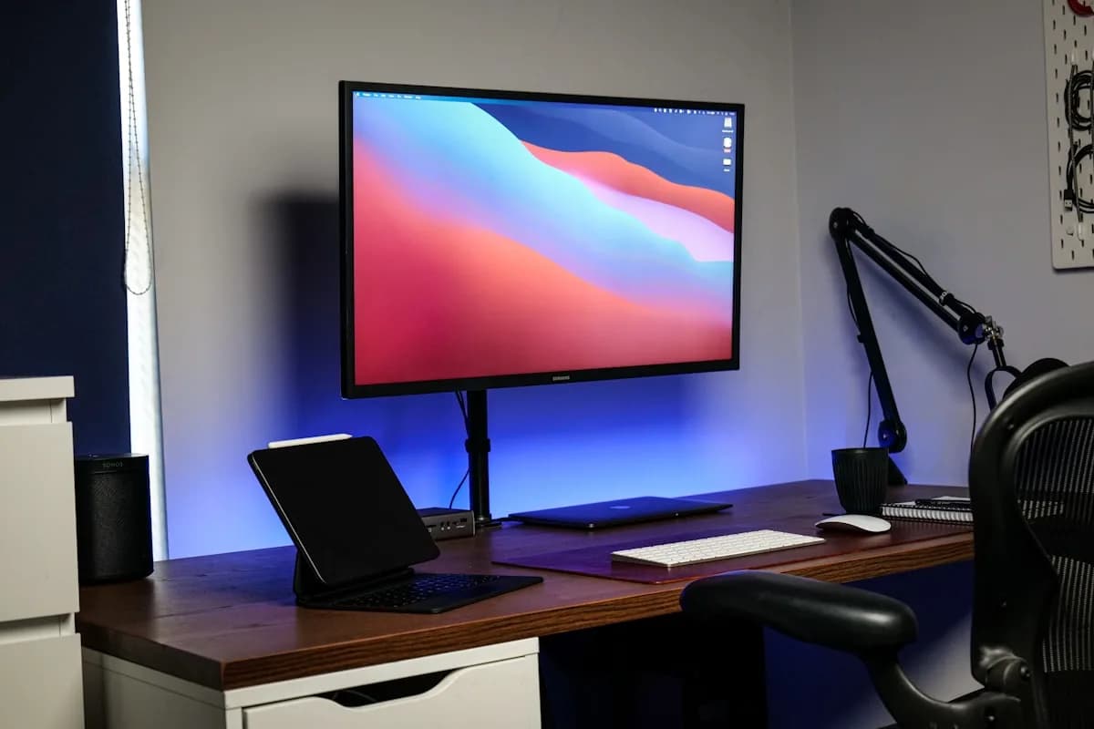 ELG F50N Review — Vale a Pena o Suporte Articulado? Monitor apoiado em braço articulado de mesa com iluminação ambiente azul ao fundo