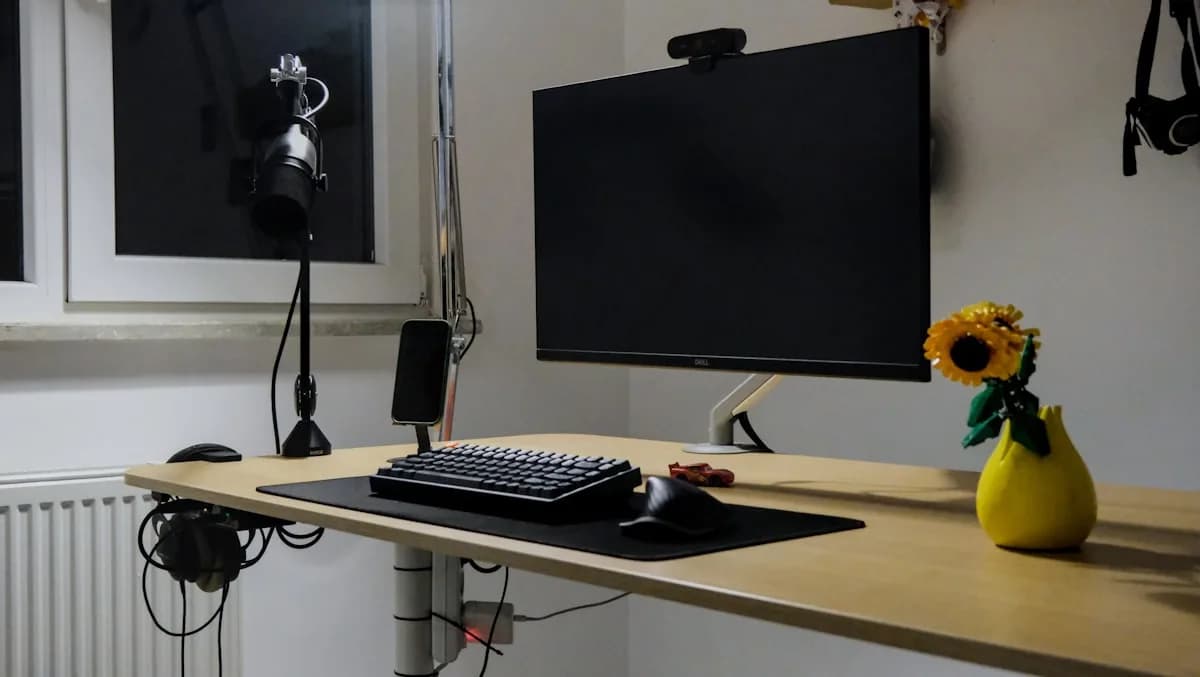 ELG F80N Review — Vale a Pena o Suporte com Pistão? Monitor Dell preso a braço articulado montado na borda da mesa em home office escuro