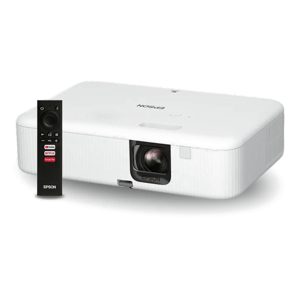 Epson EpiqVision FH02 Review em 2026 Projetor Epson EpiqVision FH02 branco em vista diagonal, ao lado do controle remoto com botões de streaming