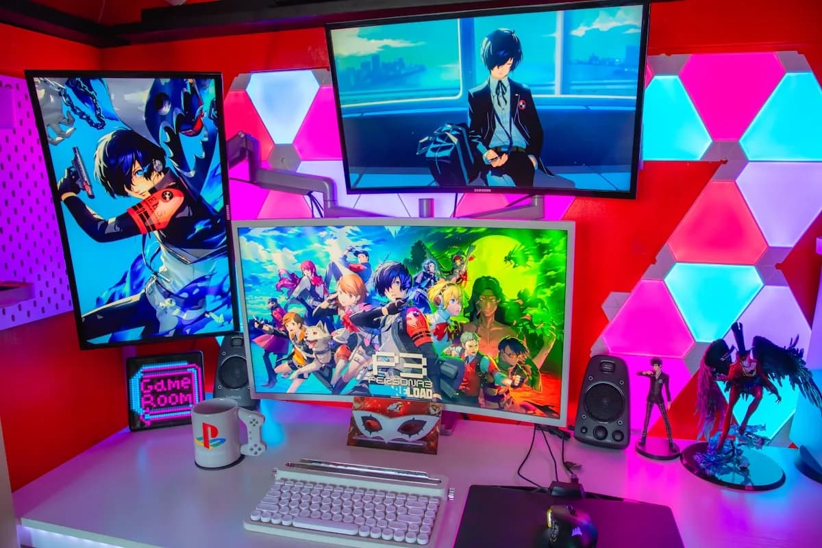 Fita LED ou Painel Nanoleaf em 2026 Painéis de luz hexagonais ao lado de monitores gamer iluminados em rosa e azul