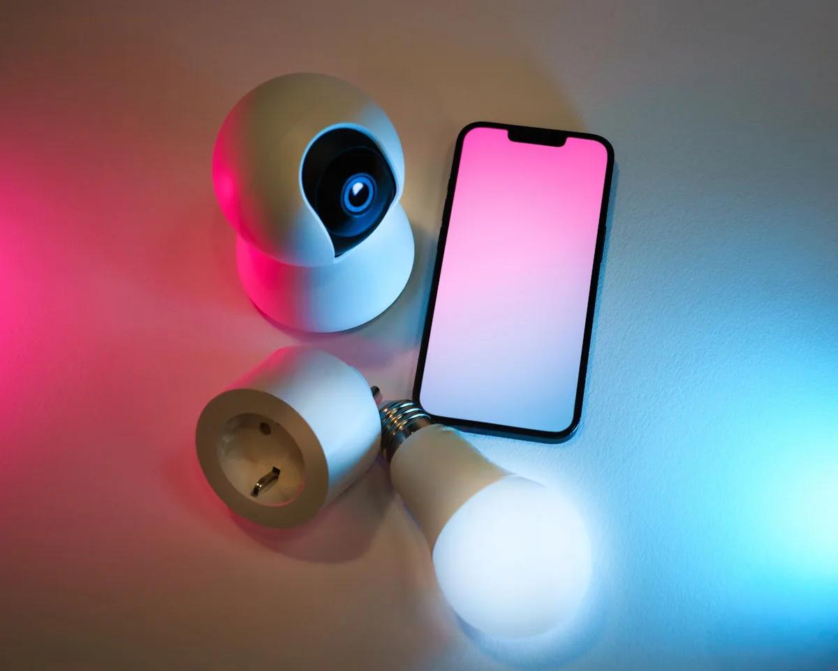 Govee ou Nanoleaf: qual ecossistema escolher Câmera, tomada e lâmpada inteligentes ao lado de um smartphone com app de controle de luz RGB