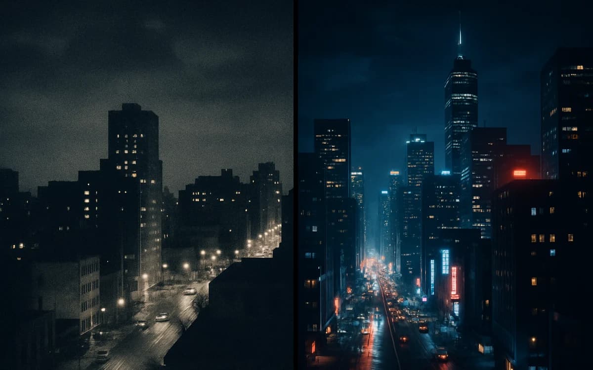 GTA 5 vs GTA 6: o salto de uma geração pra outra Skyline urbano dividido entre luz solar e neon noturno representando o salto entre gerações de jogos