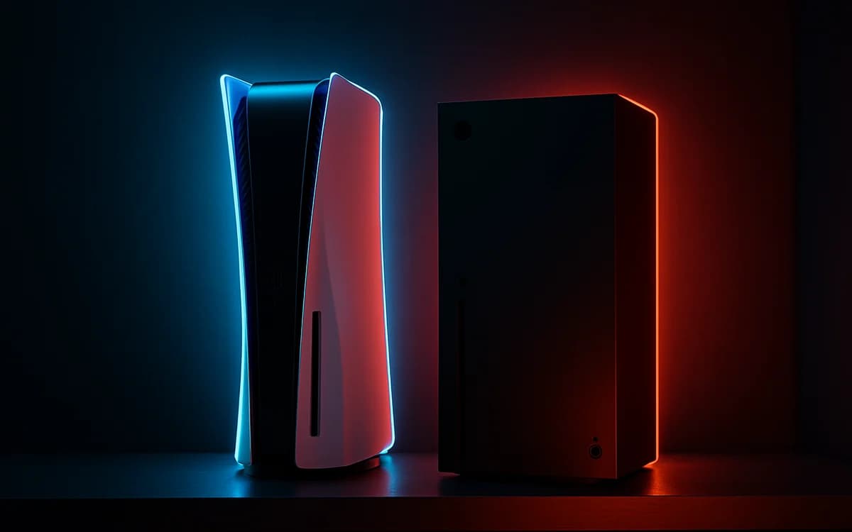 GTA 6 vai rodar em quais consoles Console PlayStation 5 e Xbox Series X lado a lado sobre um móvel de TV com luz neon ao fundo