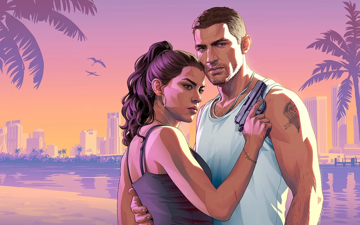 GTA 6 vai rodar no PS5 Ilustração dos dois protagonistas de GTA 6 lado a lado com o horizonte de uma cidade litorânea ao entardecer