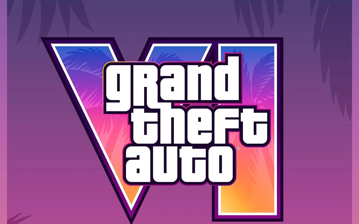 GTA 6 no Xbox Series S Logotipo de Grand Theft Auto VI em tons de roxo e rosa com silhuetas de palmeiras ao fundo