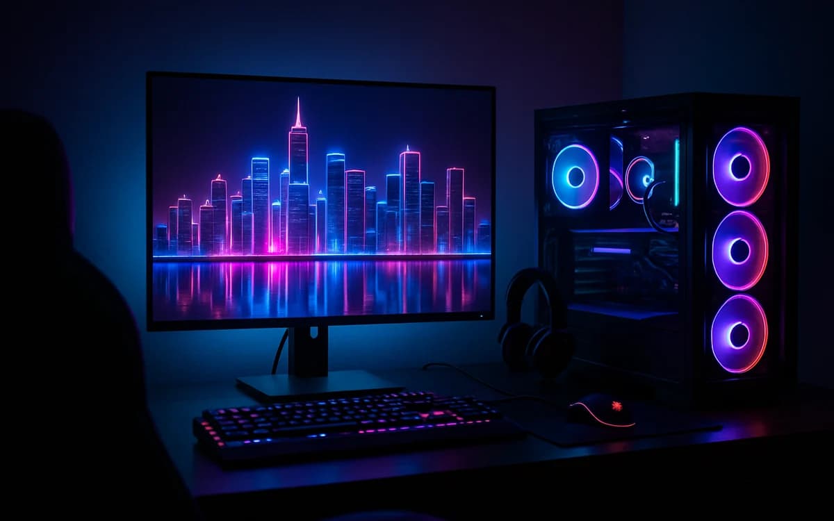 GTA 6 vai sair para PC? Setup gamer com PC torre, monitor curvo e teclado mecânico iluminado em ambiente escuro