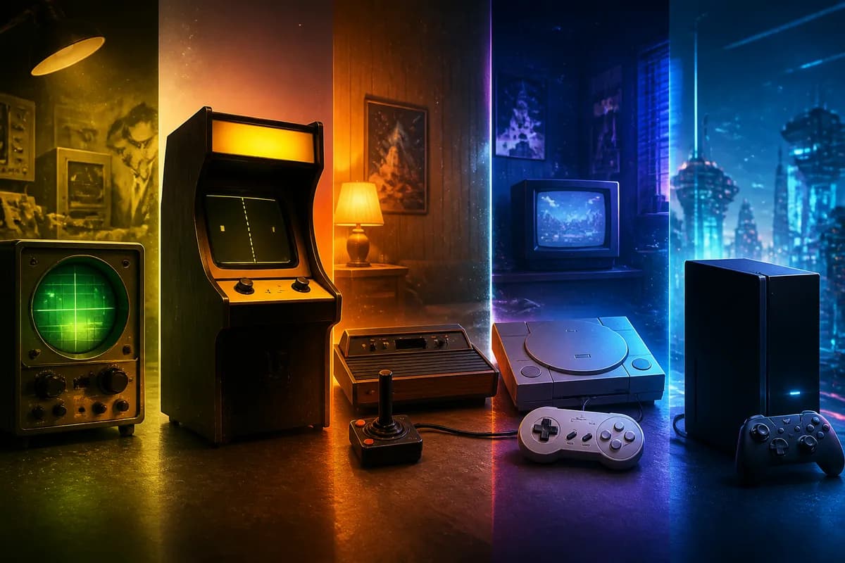 A história dos videogames — do tubo de raios catódicos ao cloud gaming Colagem cronológica de videogames clássicos: Atari, NES, PlayStation e console moderno em composição retrô