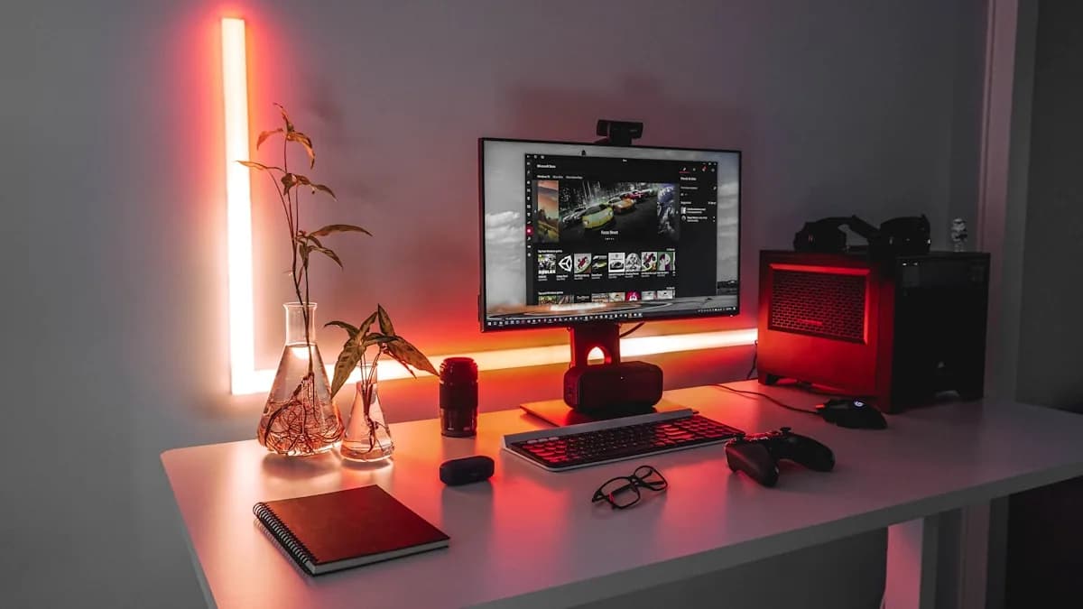 Iluminação para Setup Gamer Mesa gamer com fita de LED atrás do monitor iluminando a parede em tom laranja