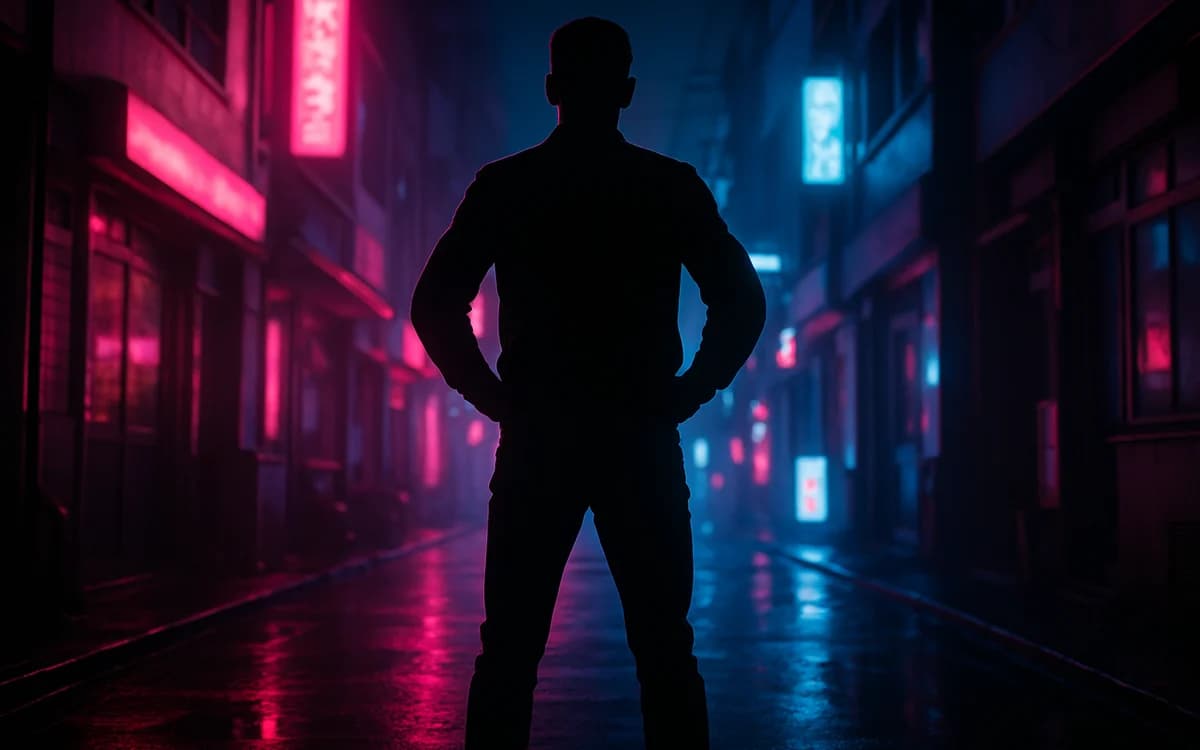 Jason Duval: o protagonista de GTA 6 Silhueta de um homem em primeiro plano diante de skyline urbano iluminado por neon à noite