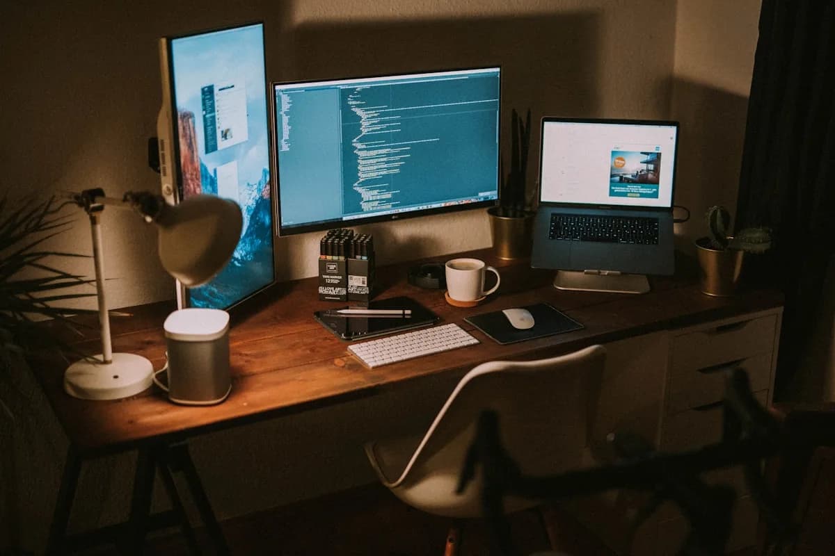 Joystick Genérico para Simulador de Voo Vale a Pena em 2026? Mesa de trabalho com múltiplos monitores, notebook e itens de escritório organizados