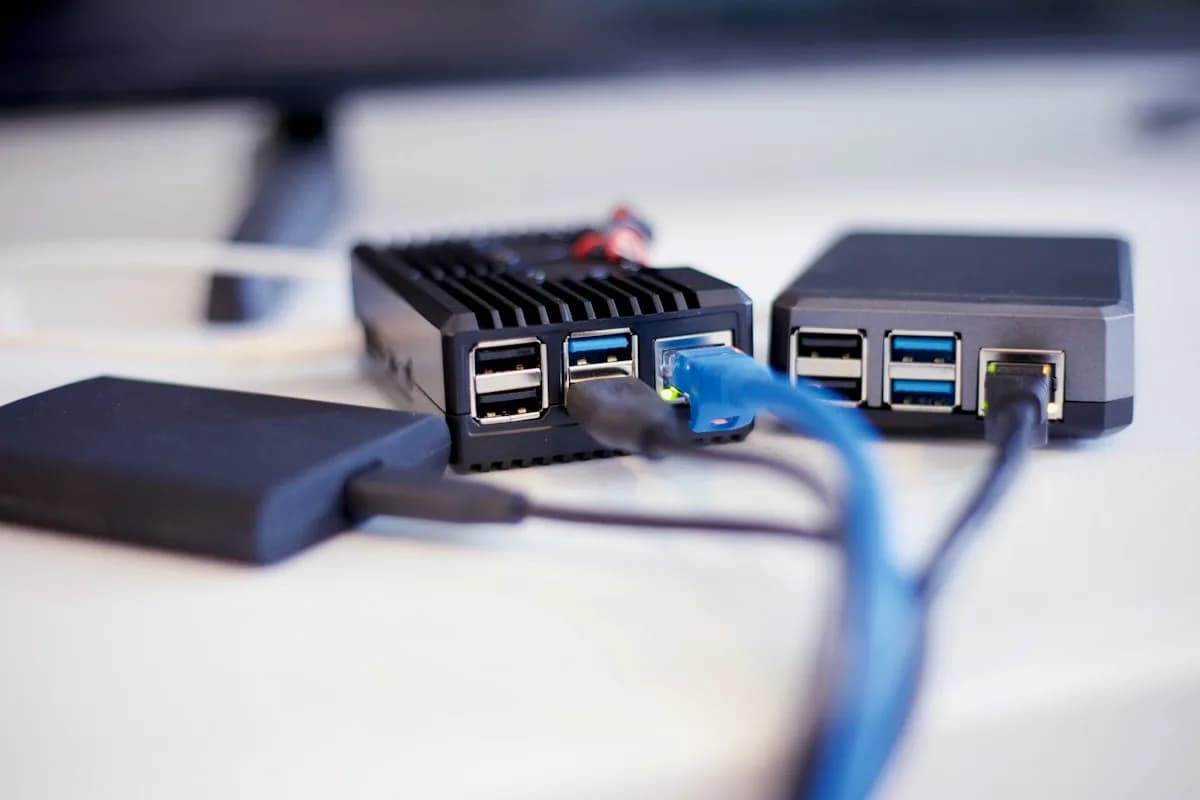 JSAUX Dock 6 em 1: Análise e Preço no Brasil Dois hubs pretos com portas USB-A e USB-C conectados por cabos azuis sobre mesa clara, contexto de estação de ancoragem