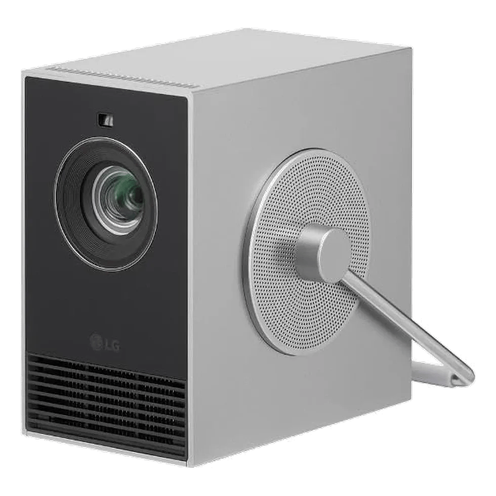 LG CineBeam Q Review em 2026 Projetor LG CineBeam Q prateado em formato cubo, com lente frontal e alça de transporte lateral