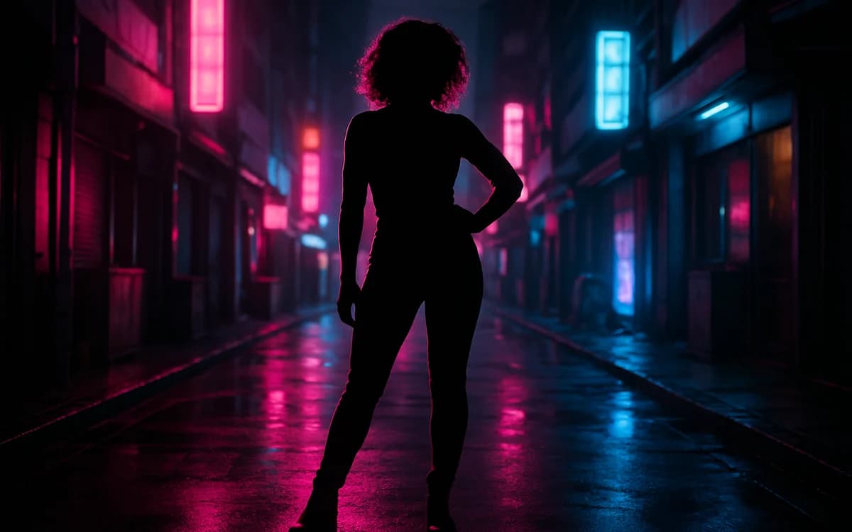Lucia Caminos: a nova protagonista de GTA 6 Silhueta de mulher em primeiro plano diante de skyline urbano iluminado por neon à noite