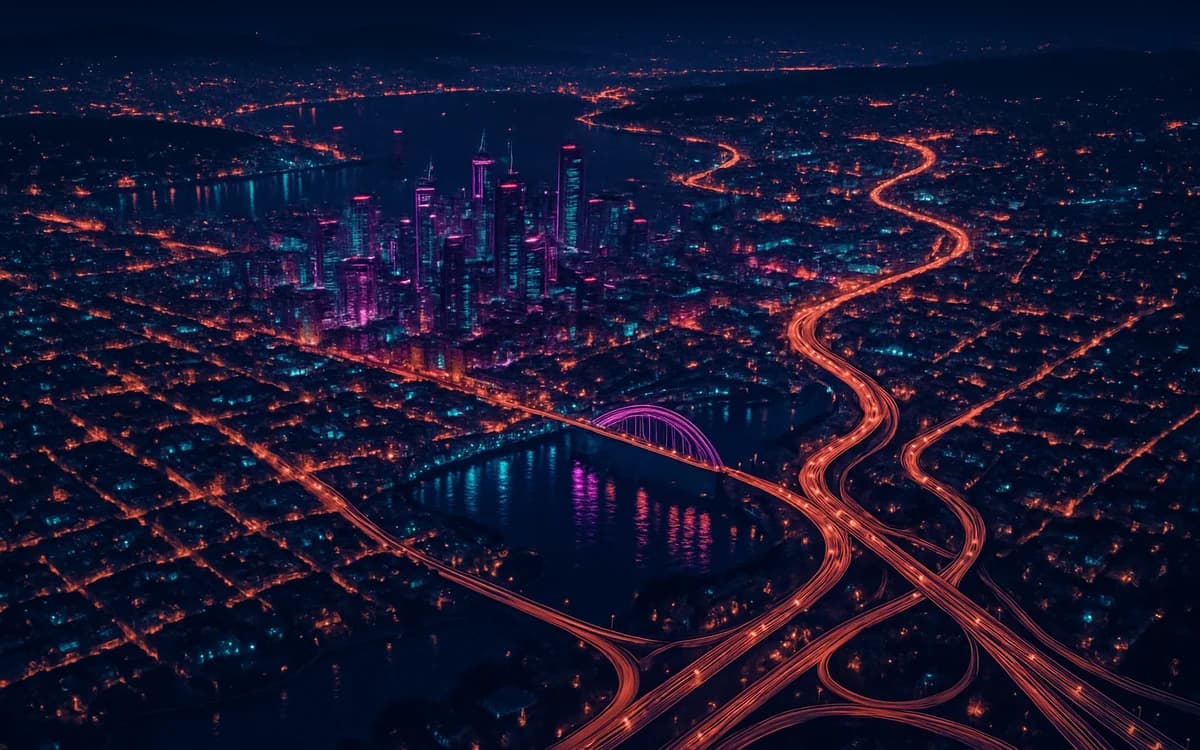 Mapa do GTA 6: Leonida em imagens Vista aérea de litoral com cidade, pântano e ilhas dividindo a paisagem ao entardecer