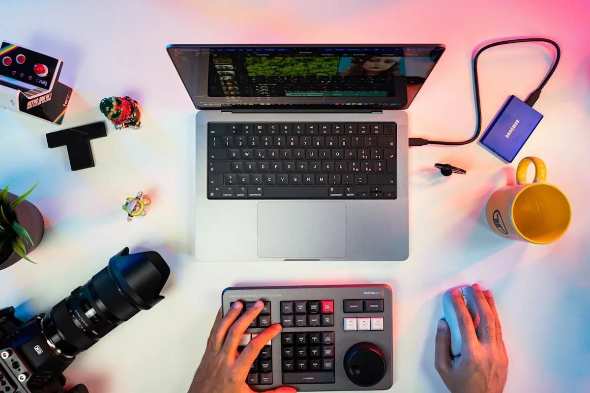 Melhor notebook para criador de conteúdo e streamer 2026 Setup de criador de conteúdo com notebook premium e múltiplos monitores em desk moderno