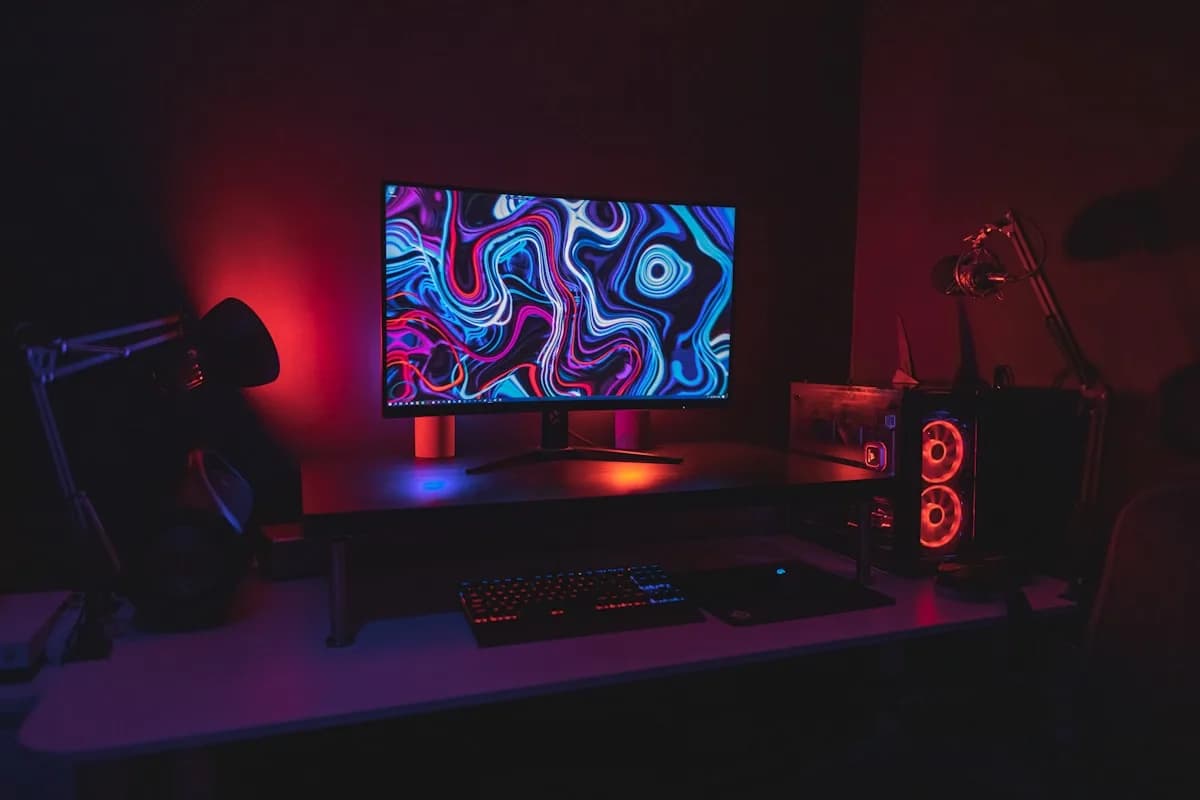 Melhor notebook gamer Lenovo em 2026 Notebook gamer Lenovo com teclado iluminado em ambiente escuro com luzes neon