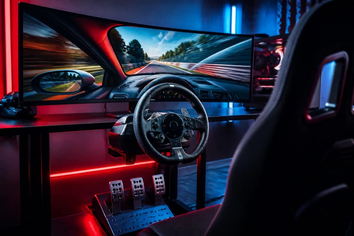 Melhor volante gamer 2026 — top 10 com force feedback Setup completo de simulador de corrida com volante, pedais e monitor ultrawide em ambiente neon vermelho e azul