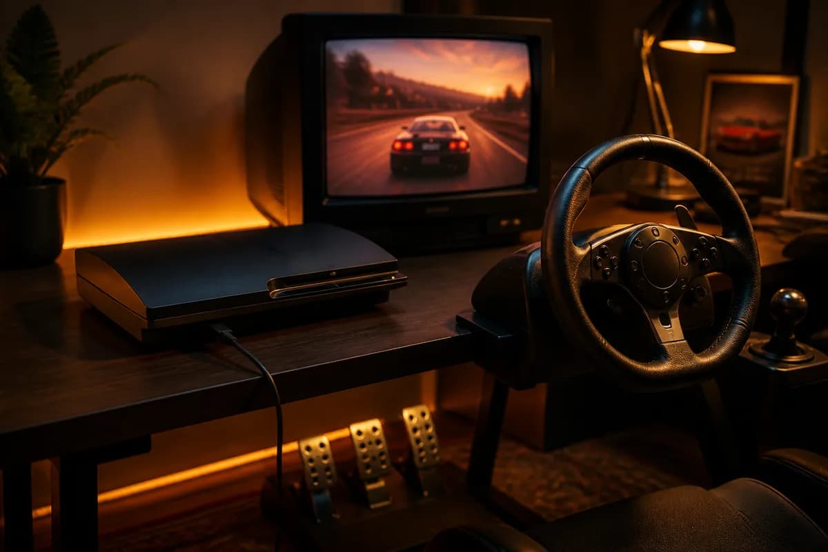 Melhor volante para PS3 2026 — top 8 com force feedback Volante gamer conectado a console PlayStation 3 em setup retrô com TV mostrando jogo de corrida