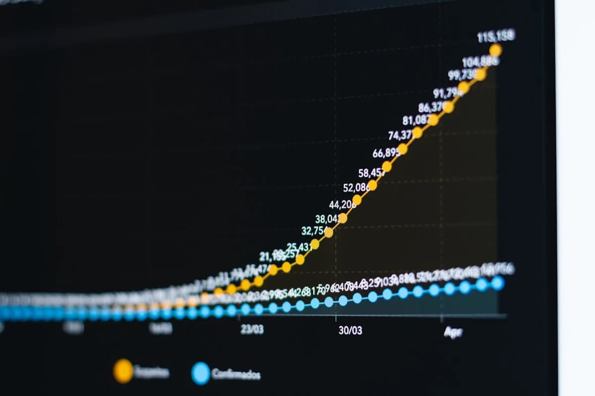 O que é 80 Plus Gráfico de linha ascendente em tons de laranja e azul exibido em tela de computador, representando dados analisados ao longo do tempo