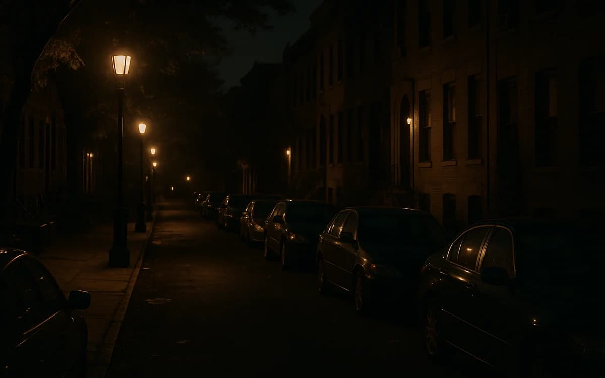 Rua deserta iluminada durante a madrugada Rua residencial vazia à noite, com carros estacionados dos dois lados e postes acesos