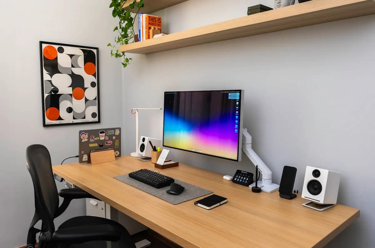 O Que É Padrão VESA para Monitor: Guia Completo Monitor preso a um braço articulado sobre mesa de madeira em setup de home office organizado