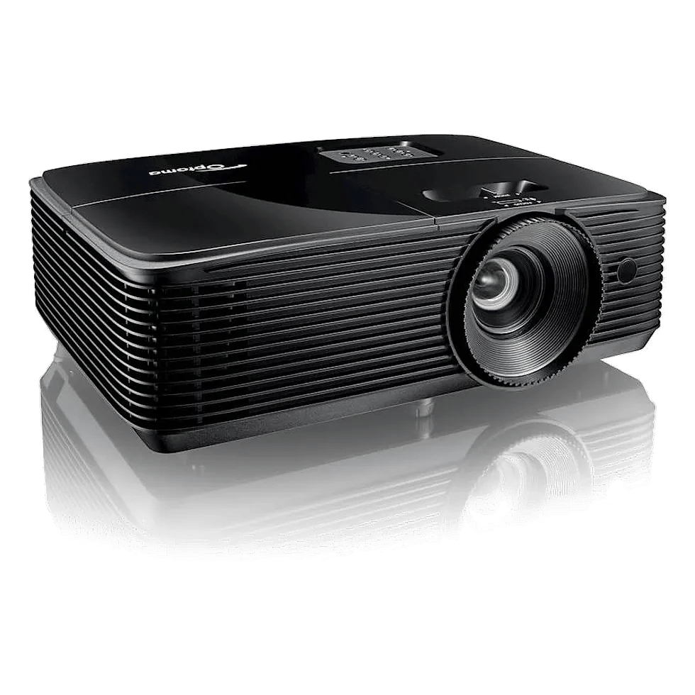 Optoma HD146X Review em 2026 Projetor Optoma HD146X preto em vista diagonal, com lente frontal e corpo de aletas de ventilação