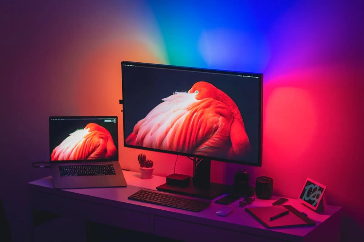 Philips Hue Gradient Lightstrip Review em 2026 Setup gamer com monitor, notebook e luz ambiente em degradê laranja, azul e roxo na parede