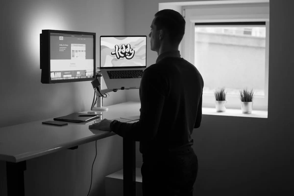 Suporte de Monitor Articulado Vale a Pena em 2026? Monitor preso a braço articulado com pistão a gás sobre mesa de altura regulável em home office