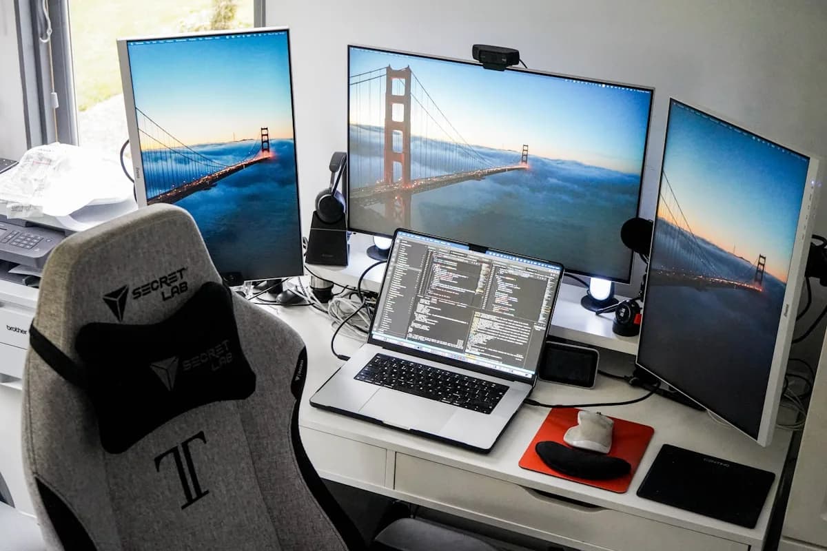 Suporte de Monitor Duplo ELG Review — Vale a Pena em 2026? Braço duplo articulado sustentando dois monitores lado a lado em mesa de escritório