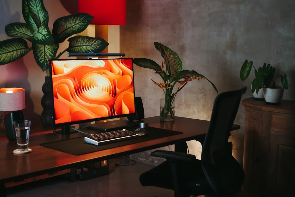 Suporte Fixo ou Articulado para Monitor: Qual Escolher em 2026 Monitor com tela colorida sobre mesa de madeira em setup de home office com iluminação ambiente