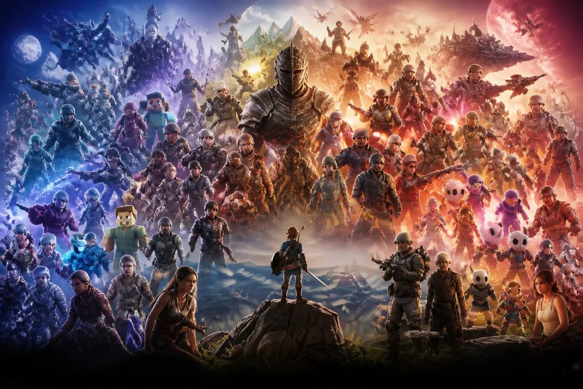 Top 100 melhores jogos de todos os tempos Colagem épica cinematográfica de heróis e universos icônicos dos 100 melhores videogames de todos os tempos