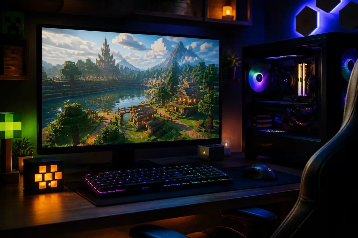 Melhores mods Minecraft 2026 Setup gamer com mundo Minecraft mostrado no monitor — castelo, montanhas e vila voxel