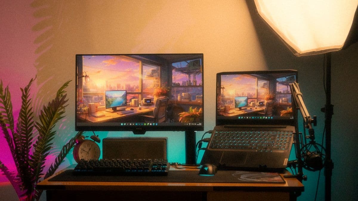 Setup de escritório moderno com duas telas e equipamentos Ambiente de trabalho moderno com duas telas e equipamentos de tecnologia
