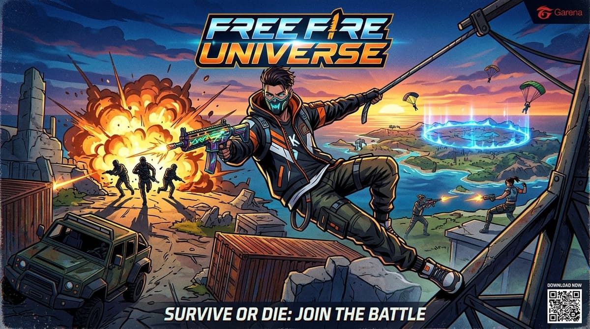 Free Fire com combate, mapa e paraquedas no battle royale mobile Arte de Free Fire com personagem em combate, paraquedas e mapa ao fundo no estilo battle royale mobile.