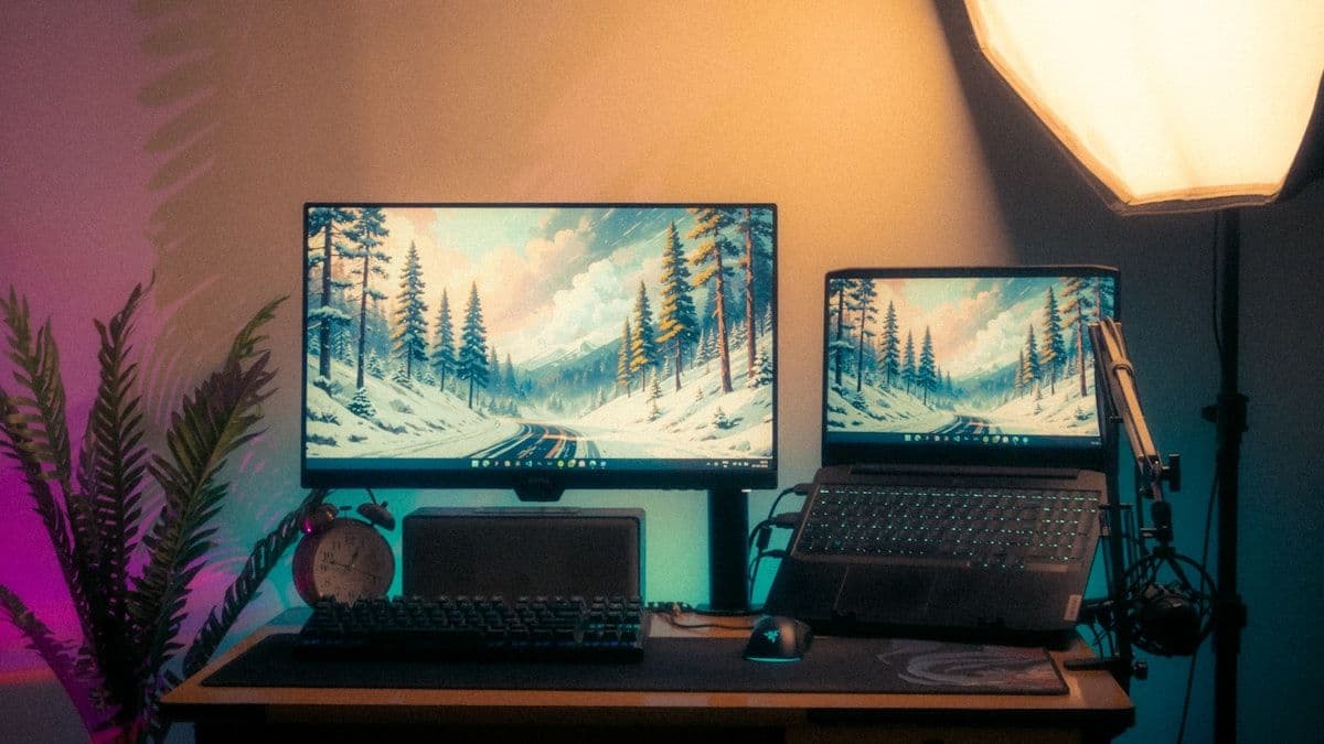 Mesa moderna com dois monitores para gamers e profissionais Configuração moderna de mesa com dois monitores, ideal para gamers e profissionais