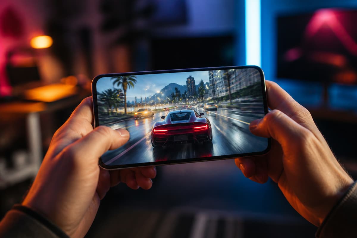 Celular com jogo de corrida mobile em alta velocidade Celular na horizontal exibindo jogo de corrida mobile com carro em alta velocidade