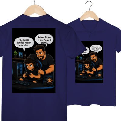 Camiseta Polo Feminina Gamer Estampa Pai e Filho Player 2