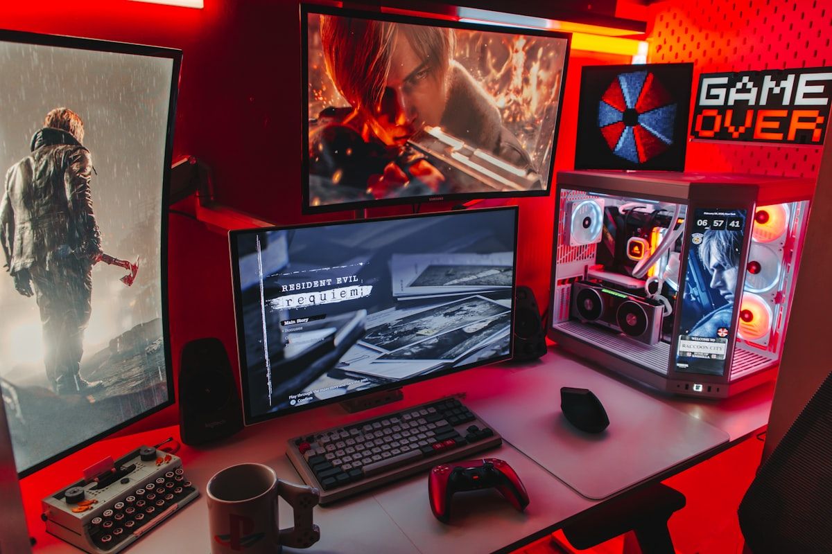 Setup gamer com múltiplos monitores e iluminação RGB Setup gamer com múltiplos monitores e iluminação RGB, ideal para jogos imersivos