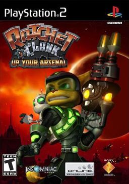 Cena do jogo Ratchet & Clank: Up Your Arsenal no console PS2, destacando personagens e ação.