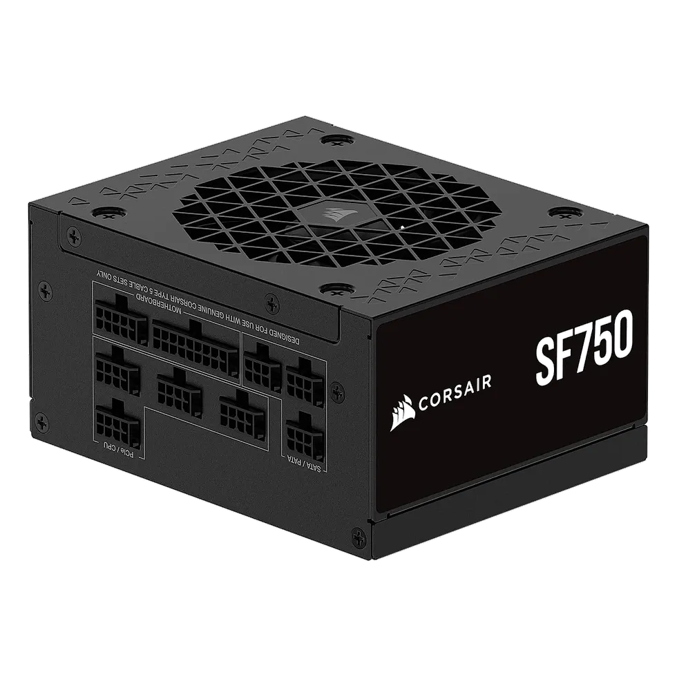 CORSAIR SF750 (2024) Fonte de alimentação totalmente modular de baixo ruído 80 Plus Platinum ATX – Compatível com 3.1 – PCIe 5.1 Pronto – Suporte SFX-para-ATX incluído – Preto Corsair SF750 750W SFX em imagem oficial de produto da Amazon