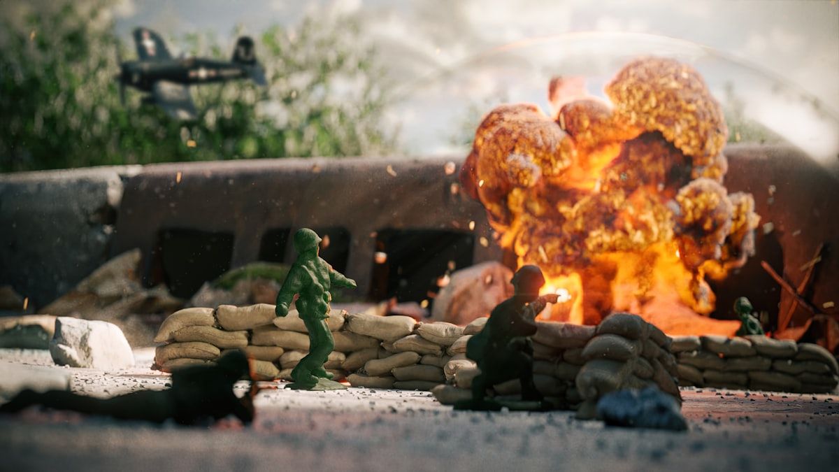 Soldados em batalha em jogo de vídeo game de fogo Soldados lutando em um jogo de vídeo game ambientado em um cenário de incêndio intenso