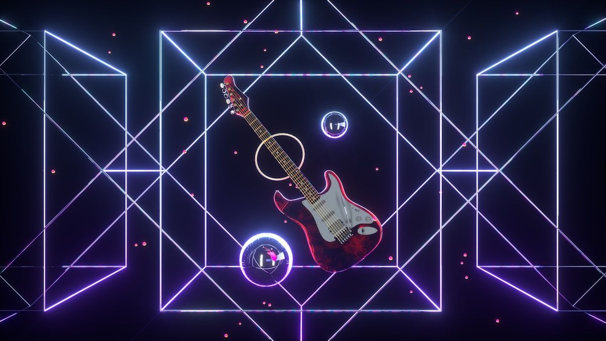 Guitarra elétrica em destaque com fundo roxo e azul, representando a cultura dos jogos de PS2